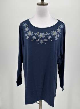 Quacker Factory Navy Blue Beaded Flowers Long Sleeve Tunic Top Sz 1X NEW
